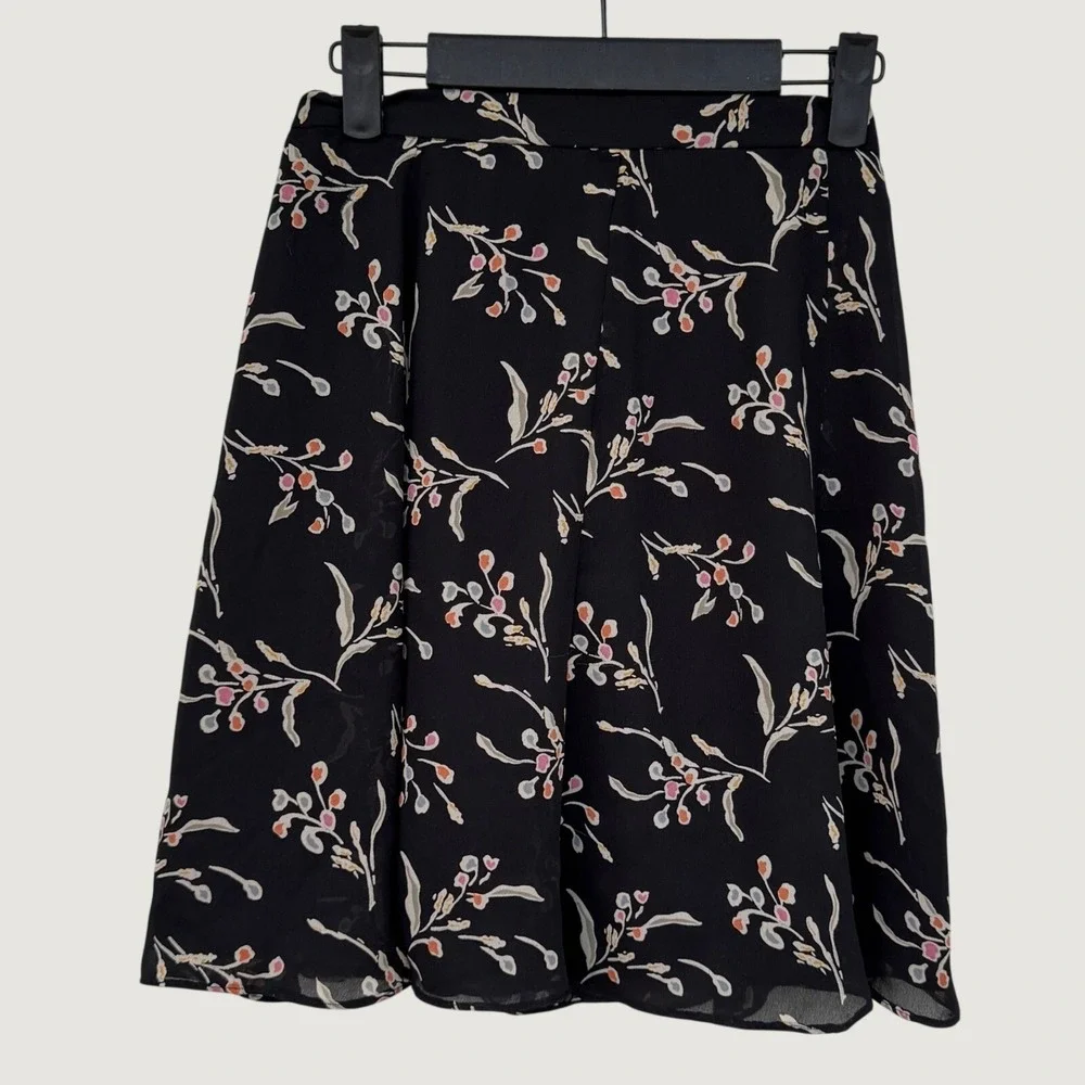 The Limited‎ Black Floral Print A Line Midi Skirt Sz 2 Women's Sheer Overlay Y2K